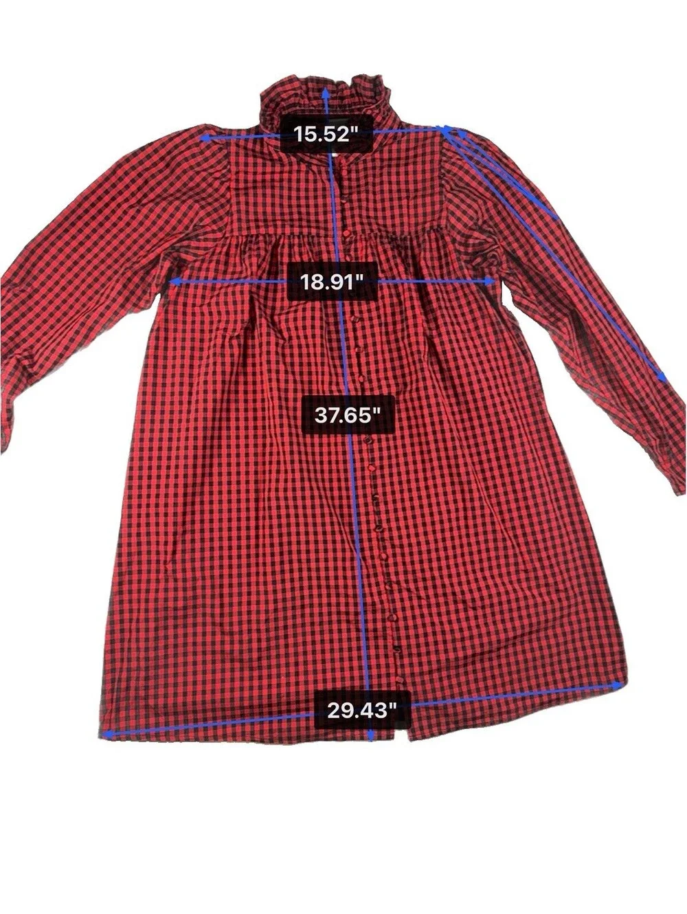 H&M Black & Red Gingham Button Front Ruffle Neck Dress Size Large Pre Owned